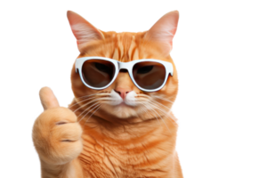 ai généré Orange chat avec des lunettes de soleil donnant les pouces en haut sur transparent Contexte png