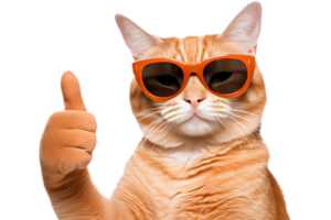 ai generiert Orange Katze mit Sonnenbrille geben Daumen oben auf transparent Hintergrund png