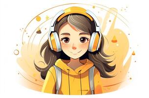 ai generado dibujos animados niña escuchando a música en vector ilustración. generativo ai foto