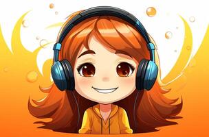 AI generated cartoon girl listening to music vector and enjoy the rhythm illustration. Generative AI photo