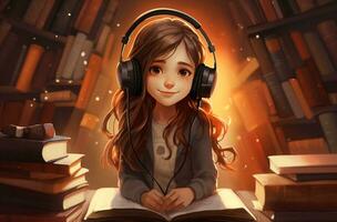 AI generated girl with headphones and book in the style of animated illustrations. Generative AI photo