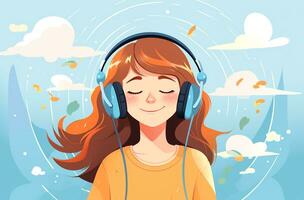 AI generated cartoon girl listening to music vector and enjoy the rhythm illustration. Generative AI photo