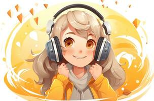 AI generated cartoon girl listening to music in vector illustration. Generative AI photo