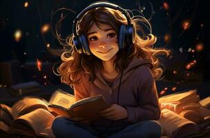 AI generated girl with headphones and book in the style of animated illustrations. Generative AI photo