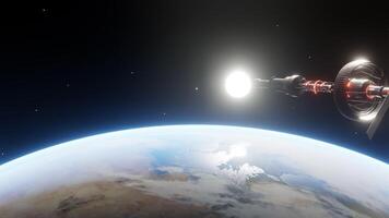 Controlled spaceship in mission floating in the night around the earth. Orbiting spaceship in the univers, shuttle into atmosphere. Images from NASA. Rendered 3D illustration photo