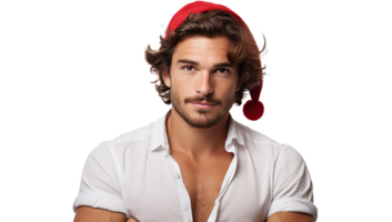 ai gegenereerd jong Mens in de kerstman hoed en wit overhemd geïsoleerd Aan transparant achtergrond png