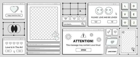 Set of screens of an old retro PC in the y2k style with greetings on a Valentine's Day holiday. Retro backgrounds, opened pc windows. Monochrome computer interface with hearts and text, vector art.