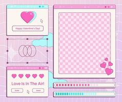 Y2K Valentine Day retro computer interface set with hearts and short phrases, pc open windows, templates, loading bars. Vector illustration.