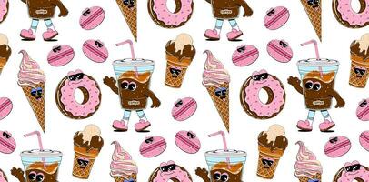 Seamless pattern with sweets characters in retro cartoon style. Ice cream, coffee, macaroon, donut, cupcake. Modern background for coffee shop, menu, restaurant. vector