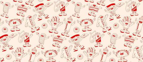 Set of fast food characters in retro linear style. Hamburger, pizza, soda, hod dog, fries. Doodle illustration in retro cartoon style. vector