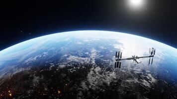 Spacecraft deploying solar panels using modern space technology during the night. Orbiting spaceship in the univers, shuttle into atmosphere. Images from NASA. Rendered 3D illustration photo