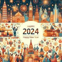 AI generated Happy New Year 2024 with a welcome celebration by everyone in the world photo