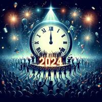 AI generated Happy new year 2024 with an illustration of everyone celebrating in front of a big clock photo