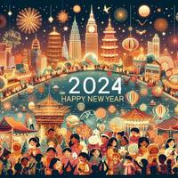 AI generated Happy New Year 2024 with a welcome celebration by everyone in the world photo