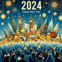 AI generated Happy New Year 2024 with a welcome celebration by everyone in the world photo