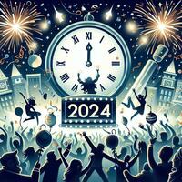 ai generado contento nuevo año 2024 con un ilustración de todos celebrando en frente de un grande reloj foto