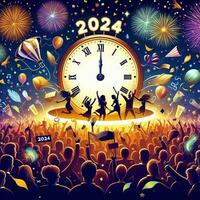 ai generado contento nuevo año 2024 con un ilustración de todos celebrando en frente de un grande reloj foto