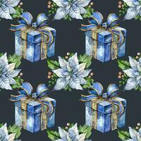 Seamless pattern with Christmas elements White poinsettia. Watercolor illustration. photo