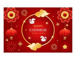 Happy Chinese new year 2024 celebration background with flower, lantern, Asian elements gold paper cut style on color background. vector