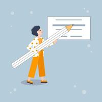 Girl holding a pencil, creating a graphic design product vector