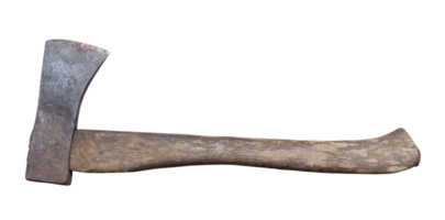 Old rust dirty dark gray axe with brown wooden handle isolated with clipping path in png file format