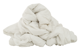 White crumpled blanket in hotel room leaved untidy after guest's use over night isolated with clipping path in png file format.