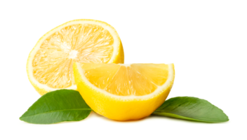 Fresh yellow lemon half with quater and leaves isolated with clipping path and shadow in png file format