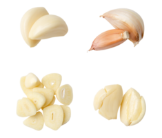 Top view set of peeled garlic cloves and slices isolated with clipping path in png file format