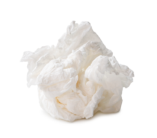 Single white screwed or crumpled tissue paper or napkin in strange shape after use in toilet or restroom isolated with clipping path and shadow in png file format.