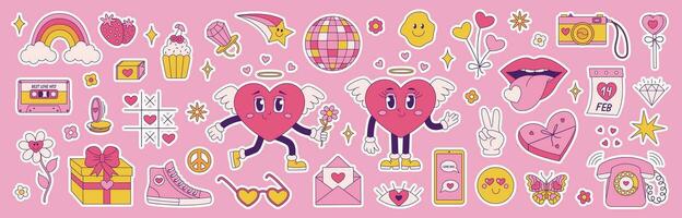 retro maravilloso grande conjunto para san valentin día. hippie amor pegatina, gracioso caracteres en forma de corazón, tendencia 60s años 70 vector dibujos animados de moda ilustración