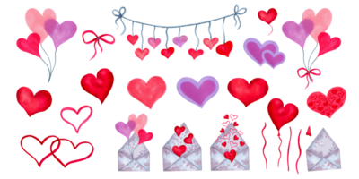 Set of elements for Valentine Day, Singles Day, friends and girlfriends. Various shapes and colors of hearts, envelopes, bows and heart shaped balloons, ribbons.Watercolor handmade isolated art. png