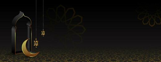 gold and black islamic background with crescent, gate and lantern. vector illustration