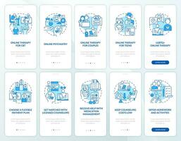 2d íconos representando en línea terapia móvil aplicación pantalla colocar. recorrido 5 5 pasos azul gráfico instrucciones con Delgado línea íconos concepto, ui, ux, gui modelo. vector