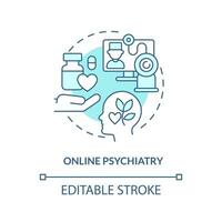 2D editable online psychiatry thin line blue icon concept, isolated vector, monochromatic illustration representing online therapy. vector