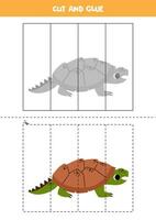 Cut and glue game for kids. Cute cartoon cayman turtle. vector