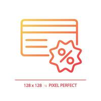 2D pixel perfect gradient credit card discount icon, isolated simple vector, thin line illustration representing discounts. vector