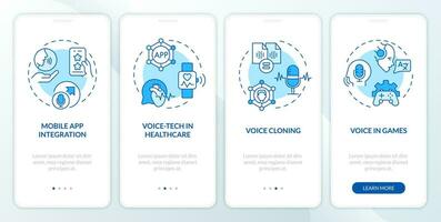 2D icons representing voice assistant mobile app screen set. Walkthrough 4 steps blue graphic instructions with thin line icons concept, UI, UX, GUI template. vector