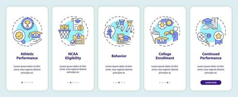 2D icons representing athletic scholarship mobile app screen set. Walkthrough 5 steps colorful graphic instructions with line icons concept, UI, UX, GUI template. vector