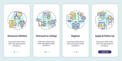 2D icons representing athletic scholarship mobile app screen set. Walkthrough 4 steps multicolor graphic instructions with thin line icons concept, UI, UX, GUI template. vector