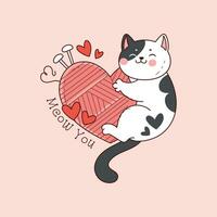 cute black and white kitten hugging a ball of yarn or pink wool in the shape of a heart for valentine's day vector