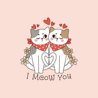 cute cat couple in love with daisy flowers and hearts for valentine's day vector