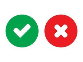 Green tick and red cross checkmarks in circle flat icons. Yes or no line symbol, approved or rejected icon for user interface. vector