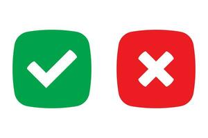 Green tick and red cross checkmarks in flat icons. Yes or no symbol, approved or rejected icon for user interface. vector