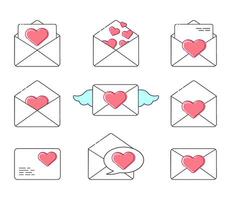 Set of icons mailing envelope with hearts for valentines day. Open and Closed Envelopes, Message With Love, Be My Valentine vector