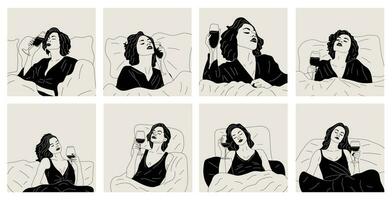 Set of Black and white woman drinks a glass of wine in bed. Vector. Wine time vector