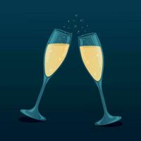 Couple of glasses of champagne with sparkling bubbles on a dark background. Sparkling wine. Cheers. Happy new year. Vector illustration.