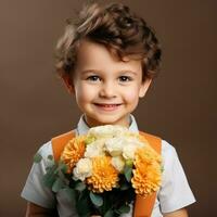 ai generado pequeño chico con flores ramo de flores aislado foto