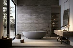 AI generated large white bathtubs, a large modern bathroom and a bamboo bathroom photo