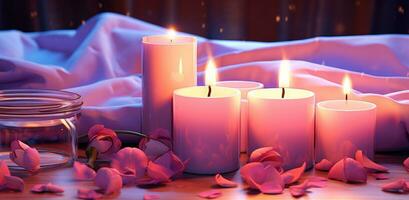 AI generated lavender candles, rose petals, and an orange oil roller on a table photo