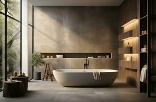 AI generated large white bathtubs, a large modern bathroom and a bamboo bathroom photo